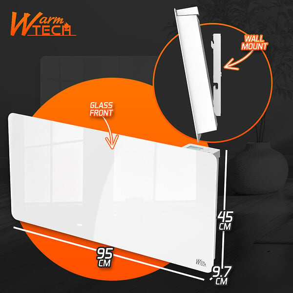 WARM TECH - Radiateur inertie céramique avec façade en verre 2000 W - IP24 - NF - Fil pilote 6 ordres. - large