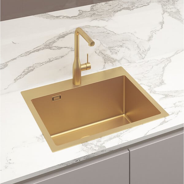 SWISS AQUA TECHNOLOGIES - Swiss Aqua Technologies Aurum Évier de cuisine encastrable inox 304, 1 bac , 55x45x21 cm, Or brossé PVD - large