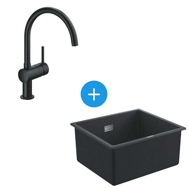 GROHE - Grohe Kit Evier Quartz Noir Granite K700 417 x 366mm + Mitigeur Minta Noir col de cygne pivotant à 360° (31653AP0-SET6) - large