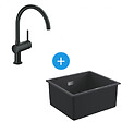 GROHE - Grohe Kit Evier Quartz Noir Granite K700 417 x 366mm + Mitigeur Minta Noir col de cygne pivotant à 360° (31653AP0-SET6) - vignette