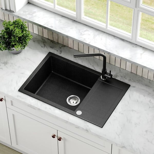 SWISS AQUA TECHNOLOGIES - Swiss Aqua Technologies 78x50 cm évier avec égouttoir réversible en Granite, à encastrer, noir (SATSINKGQT105B) - large