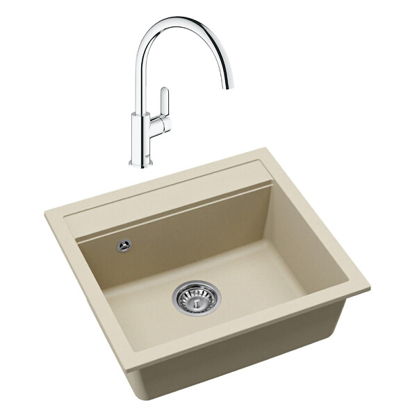 SWISS AQUA TECHNOLOGIES - Swiss Aqua Technologies 56,5x51cm évier avec égouttoir réversible en granite à encastrer + mitigeur monocommande, jasmin (SATSINKGQQ100J-SET) - large