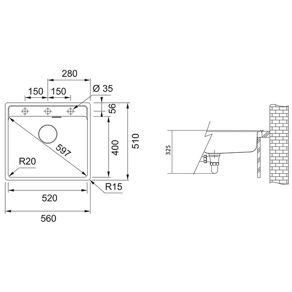 FRANKE - Franke Maris MRG 110-52 Evier sous plan/à fleur 55x50cm, avec bonde et siphon gain de place, en Fragranit+, Noir mat - large