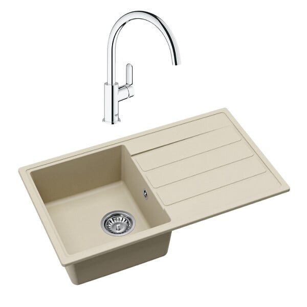 SWISS AQUA TECHNOLOGIES - Swiss Aqua Technologies 76x44 cm évier avec égouttoir réversible en granite à encastrer + mitigeur monocommande, jasmin (SATSINKGE3J-SET) - large