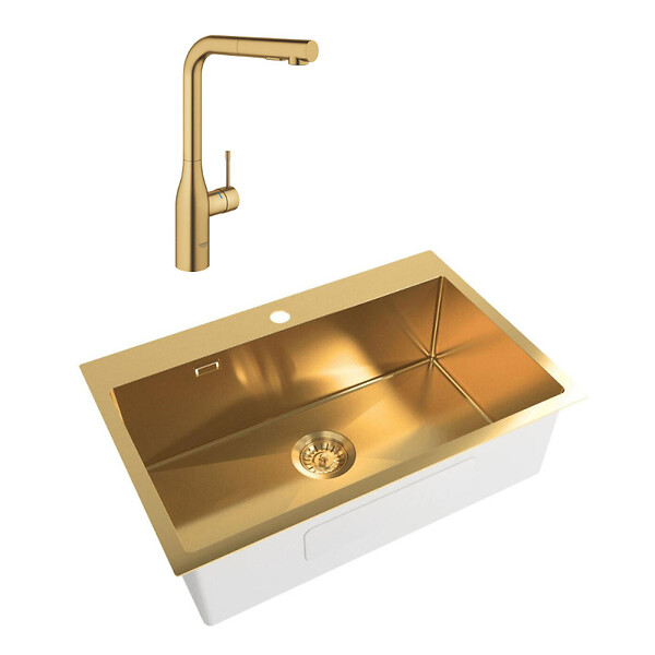 SWISS AQUA TECHNOLOGIES - Swiss Aqua Technologies /Grohe - Set Aurum Évier de cuisine encastrable inox 304 , 68x45x21 cm + Essence Mitigeur monocommande Evier, Or brossé PVD - large