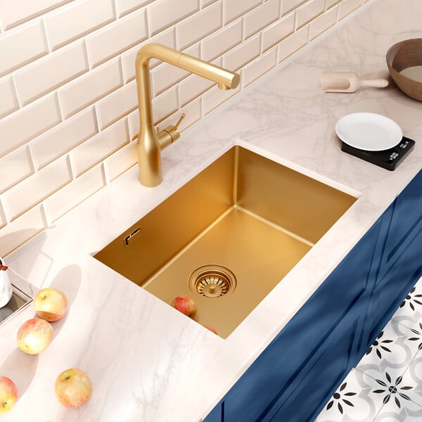 CERAMIA - Ceramia Timeless Évier de cuisine sous plan inox 304, 1 bac , 55x45x21 cm, Or brossé PVD - large