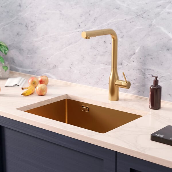 CERAMIA - Ceramia Timeless Évier de cuisine sous plan inox 304, 1 bac , 55x45x21 cm, Or brossé PVD - large