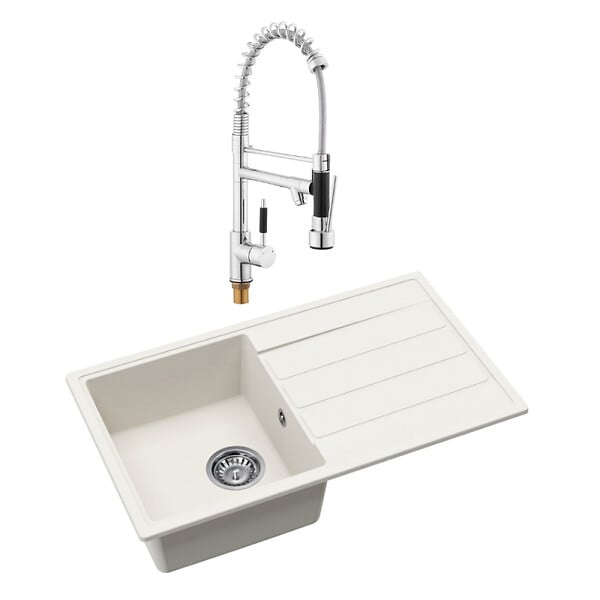 SWISS AQUA TECHNOLOGIES - Swiss Aqua Technologies 76x44 cm évier avec égouttoir réversible en granite à encastrer + mitigeur à bras pivotant 2 jets, blanc (SATSINKGE3W-SET2) - large