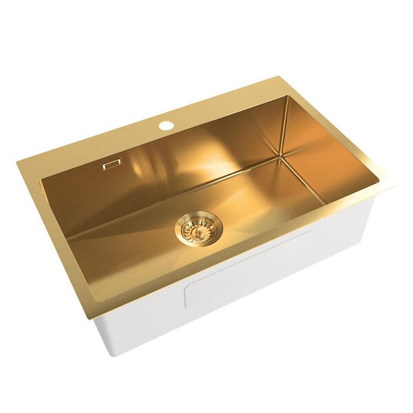 SWISS AQUA TECHNOLOGIES - Swiss Aqua Technologies Aurum Évier de cuisine encastrable inox 304, 1 bac , 68x45x21 cm, Or brossé PVD - large