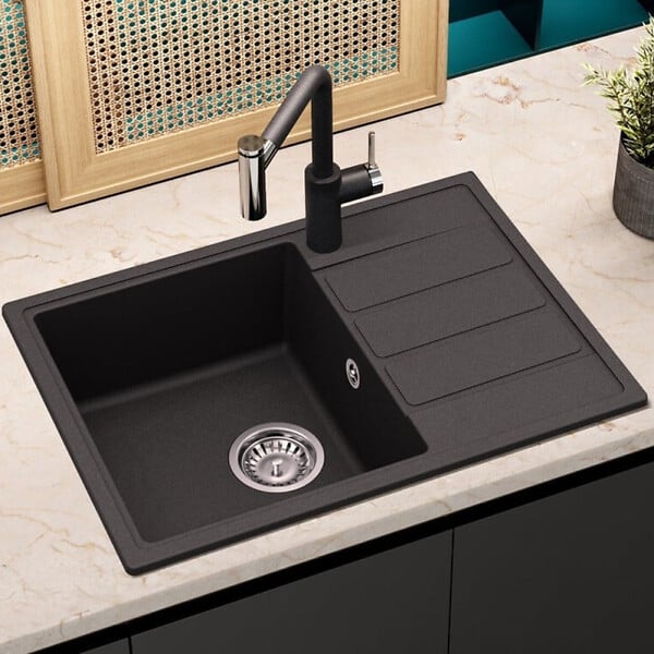 SWISS AQUA TECHNOLOGIES - Swiss Aqua Technologies 62x44 cm évier avec égouttoir réversible en Granite, à encastrer, noir (SATSINKGE2B) - large