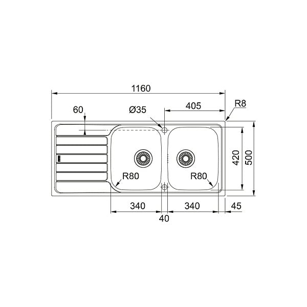 FRANKE - Franke Smart SRX 621 Evier 116x50cm avec double cuve et égouttoir à gauche, Acier inoxydable (101.0356.896) - large