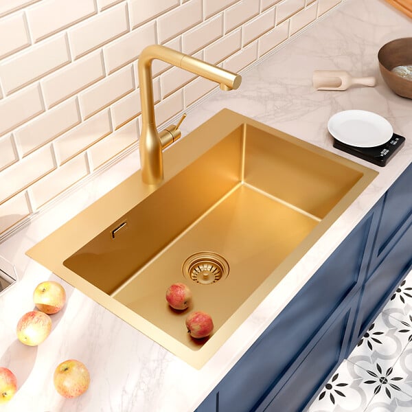 CERAMIA - Ceramia Timeless Évier de cuisine encastrable inox 304, 1 bac , 68x45x21 cm, Or brossé PVD - large