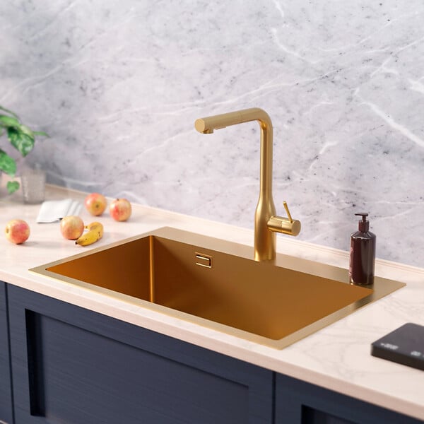 CERAMIA - Ceramia Timeless Évier de cuisine encastrable inox 304, 1 bac , 68x45x21 cm, Or brossé PVD - large