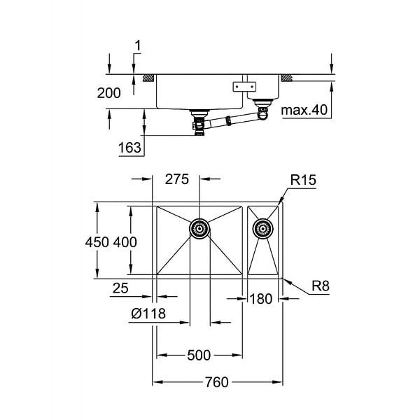 GROHE - Grohe K700U Evier double bac 76x45cm en Acier inoxydable, Finition satin (31575SD1) - large