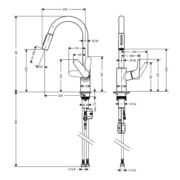 HANSGROHE - Hansgrohe Focus M41 Mitigeur d'évier 240 avec douchette extractible, 2 jets, Inox brossé (31815800) - large