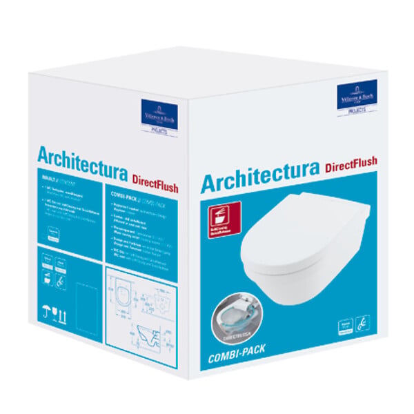 VILLEROY ET BOCH - Architectura Combipack WC suspendu sans bride à fond creux DirectFlush + Abattant amovible avec frein de chute, Blanc (4694FR01) - large