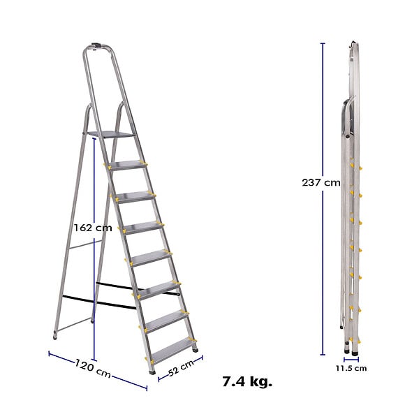 HOSTRÃ–M - Escabeau 8 marches DURA pliable, marchepied léger en aluminium, hauteur plateforme 162cm, pieds antidérapants, charge 150kg, garantie 5 ans Hoström - large