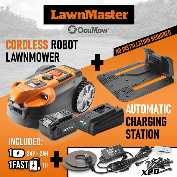 LAWNMASTER - Robot tondeuse autonome 24V sans fil périmétrique avec station de charge - Max 500m² - large