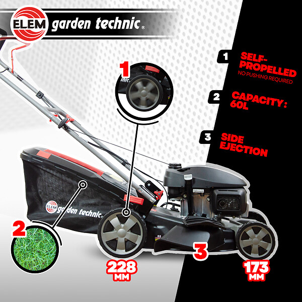 ELEM GARDEN TECHNIC - Tondeuse thermique tractée 145CC avec moteur Honda, mulching et éjection latérale - large