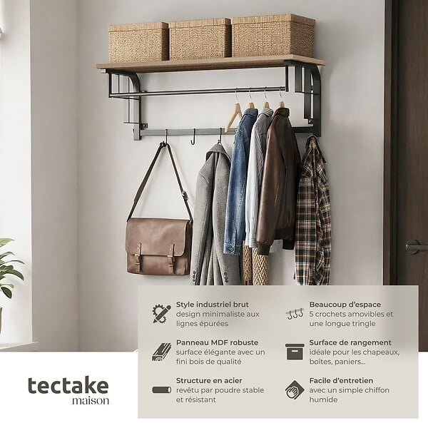 TECTAKE - Porte-manteau à suspendre Westwood Bois clair industriel, Chêne Sonoma - large