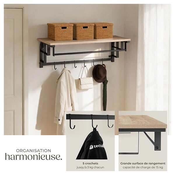 TECTAKE - Porte-manteau à suspendre Westwood Bois clair industriel, Chêne Sonoma - large