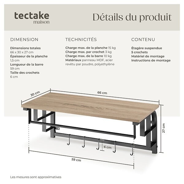 TECTAKE - Porte-manteau à suspendre Westwood Bois clair industriel, Chêne Sonoma - large
