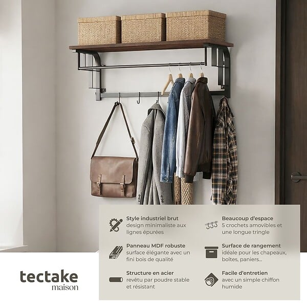 TECTAKE - Porte-manteau à suspendre Westwood Bois foncé industriel, rustique - large
