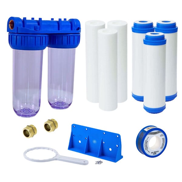 SWISS AQUA TECHNOLOGIES - Swiss Aqua Technologies Double bol transparent pour filtres universels 10", prêt à raccorder 3/4" + 3 filtres + 3 filtres charbon actif (SATHF34DX6) - large