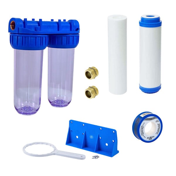 SWISS AQUA TECHNOLOGIES - Double bol transparent pour filtres universels 10", prêt à raccorder 3/4" + 1 filtre + 1 filtre charbon actif (SATHF34DX2) - large