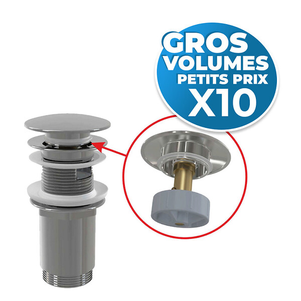 ALCA - Alca lot de 10 bondes Clic-clac raccord 5/4", pour lavabo avec trop-plein, laiton chromé (A392C-GVP10) - large