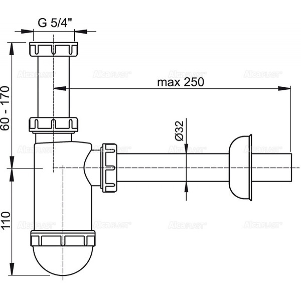 ALCA - Siphon de lavabo DN32 avec écrou 5/4 " (A430) - large