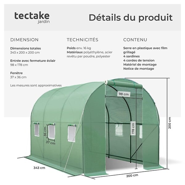 TECTAKE - Serre tunnel 7 m² 343x200x200cm vert - large