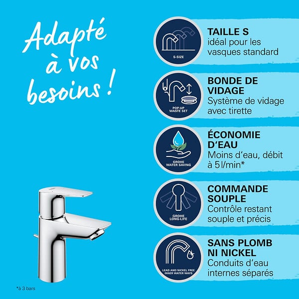 GROHE - Grohe START EDGE Mitigeur lavabo avec vidage, Taille S, Chrome (24196001) - large