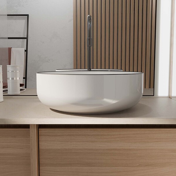 AURLANE - Vasque à poser ronde en céramique 42x14 cm - Blanc et liseré noir - large