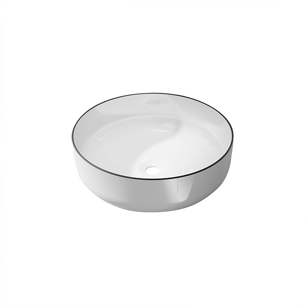 AURLANE - Vasque à poser ronde en céramique 42x14 cm - Blanc et liseré noir - large