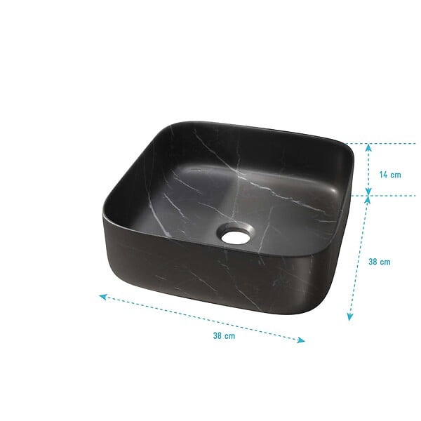 AURLANE - Vasque à poser carrée en céramique noire mat effet marbre 38x38x14 cm - BLACK MARBLE - large