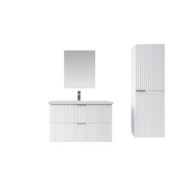 AURLANE - Pack Meuble salle de bain 60cm et Colonne de rangement - Façades Blanches Ondulées - MILO - large