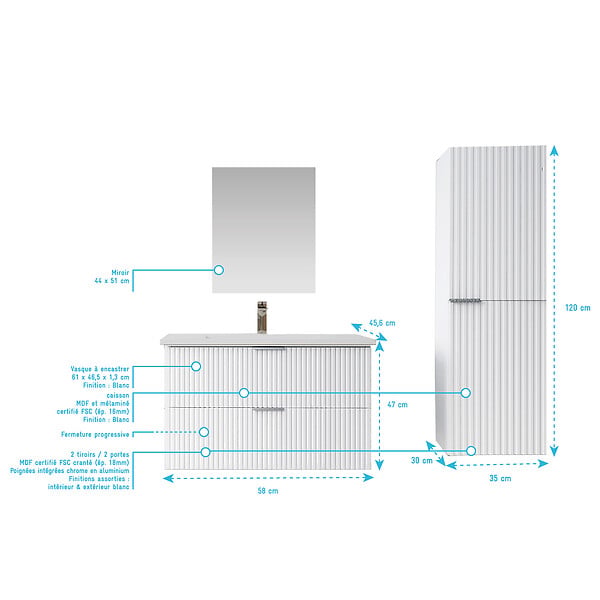 AURLANE - Pack Meuble salle de bain 60cm et Colonne de rangement - Façades Blanches Ondulées - MILO - large