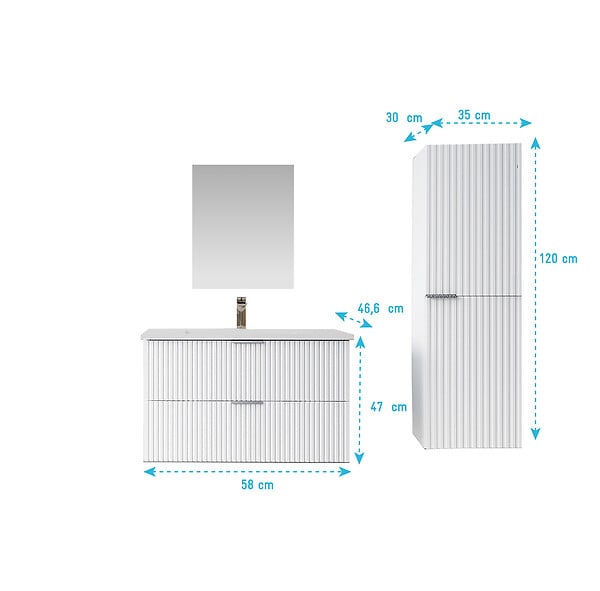 AURLANE - Pack Meuble salle de bain 60cm et Colonne de rangement - Façades Blanches Ondulées - MILO - large
