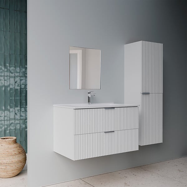 AURLANE - Pack Meuble salle de bain 80cm et Colonne de rangement - Façades Blanches Ondulées - MILO - large