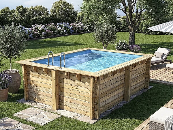 HABITAT ET JARDIN - Piscine bois rectangle " Zanzibar "- 3.50 x 2.30 x 1.24 m - Bâche à bulles  180 µ - Bâche hiver  280 g/m² - large