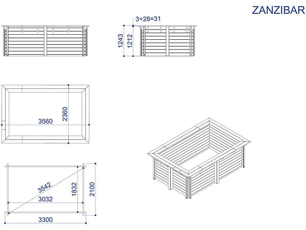 HABITAT ET JARDIN - Piscine bois rectangle " Zanzibar "- 3.50 x 2.30 x 1.24 m - Bâche à bulles  180 µ - Bâche hiver  280 g/m² - large