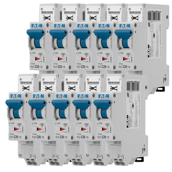 EATON CAPRI - EATON Lot de 10 disjoncteurs auto 20A Ph+N, borne à ressort, 4,5kA, courbe C, 230V, 45kA, courbe C - large