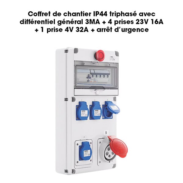 BATILEC - Coffret de chantier triphasé IP44 avec différentiel 3MA, 4 prises 230V 16A, 1 prise 400V 32A et arrêt d'urgence intégré-GEWISS - large