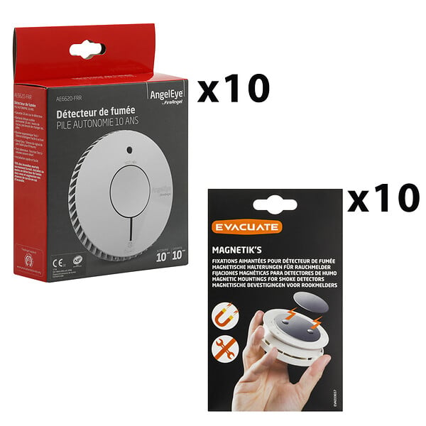 ANGELEYE - AngelEye Lot de 10 détecteurs de fumée NF autonomie+garantie 10 ans+10 supports aimantés - large