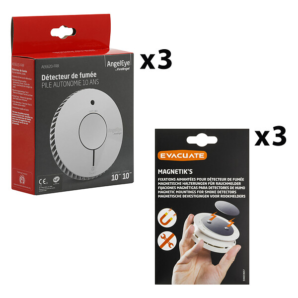 ANGELEYE - AngelEye Lot de 3 DAAF NF autonomie et garantie 10 ans + 3 supports aimantés - large