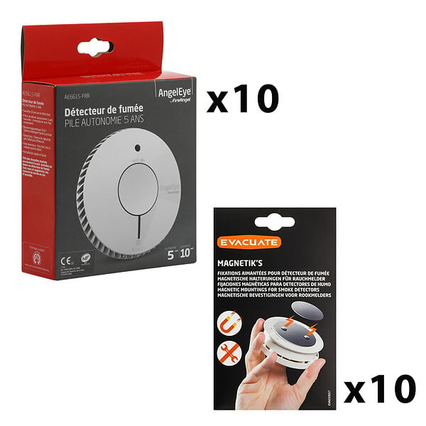 ANGELEYE - Lot de 10 détecteurs de fumée  NF autonomie 5ans-garantie 10 ans + 10 supports aimantés-AngelEye - large