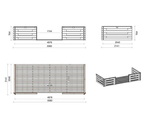 ALTANKA - Terrasse en bois avec balustrade pour abri en bois - 10m2 - 5m x 2m - couleur: naturel - DOM615 - large