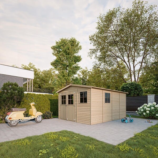 TIMBELA - Abri de Jardin en Bois H226x324x416 cm/12 m² - AVEC LES PLANCHERS IMPRÉGNÉ - M336+M336G - large