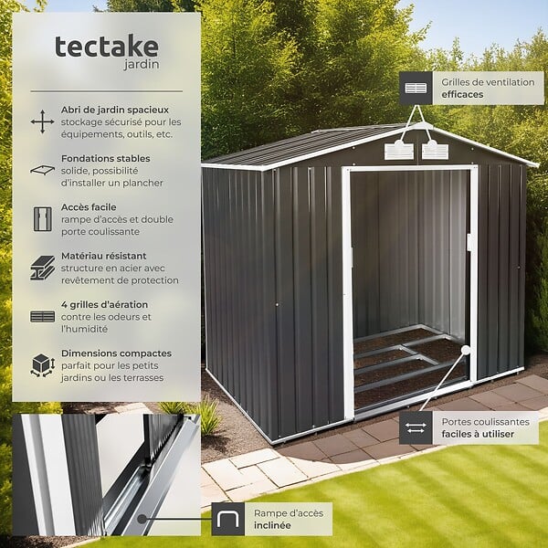 TECTAKE - Abri de jardin métal 2,7 m² toiture 2 pans gris/blanc - large